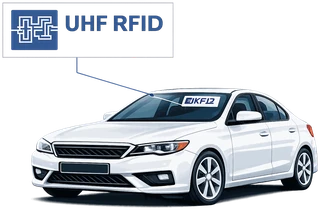 UHF RFID car-window tag on a vehicle windscreen